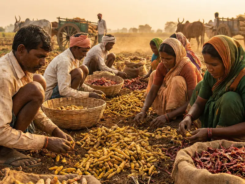 Farmers harvesting spices and produce